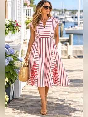 Chico's Red & White Striped Nautical Embroidered Midi Dress – Size 4P
